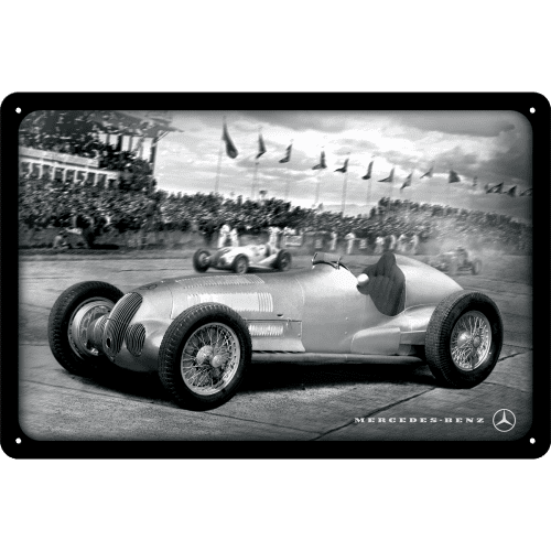 Nostalgic-Art Mercedes-Benz Silver Arrow Racing Nürburgring 1937 Str. Tin Sign 20x30