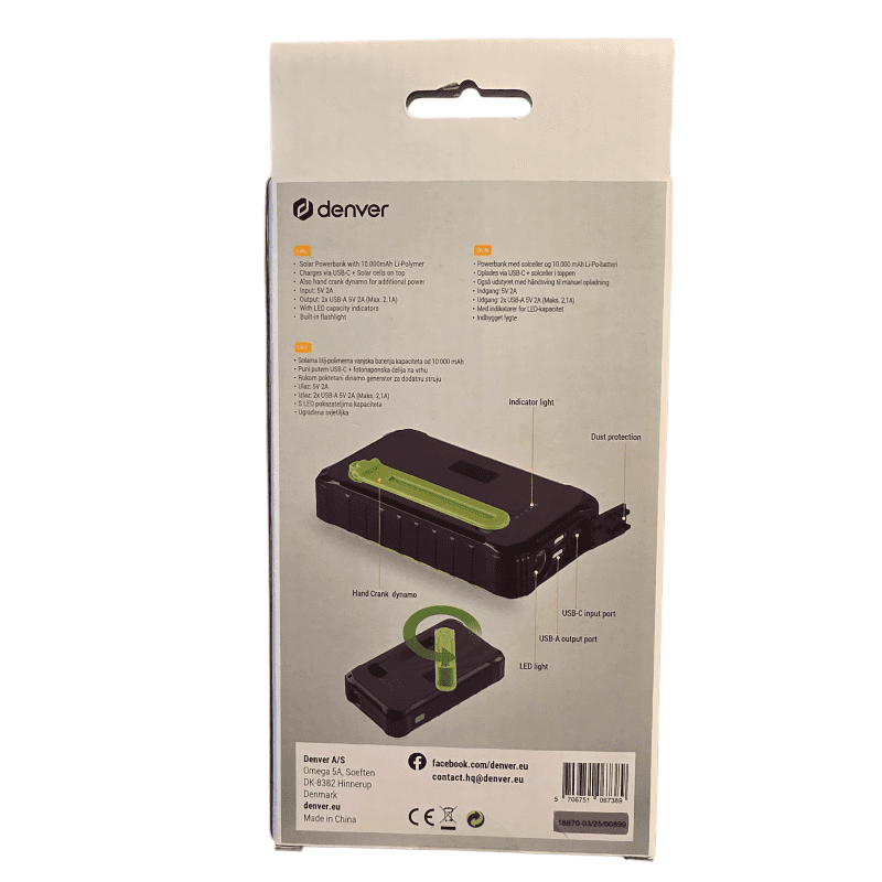 DENVER Powerbank 10.000mAh Med Solcelle Og Håndsvingdynamo